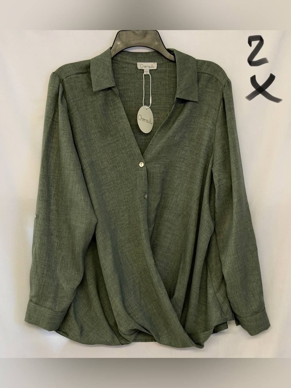 Chenault Olive Draped Wrap Button-Front Shirt